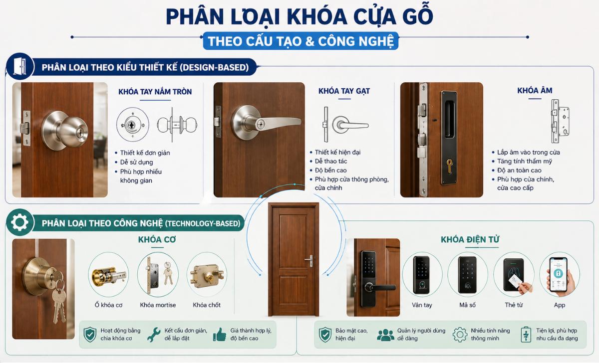 Phân loại khóa cửa gỗ phổ biến theo cấu tạo & công nghệ