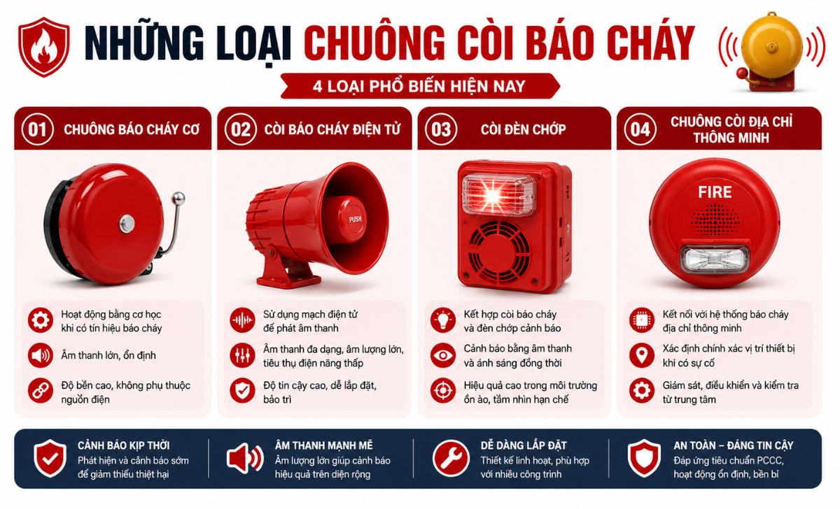 Có những loại chuông còi báo cháy nào phổ biến?