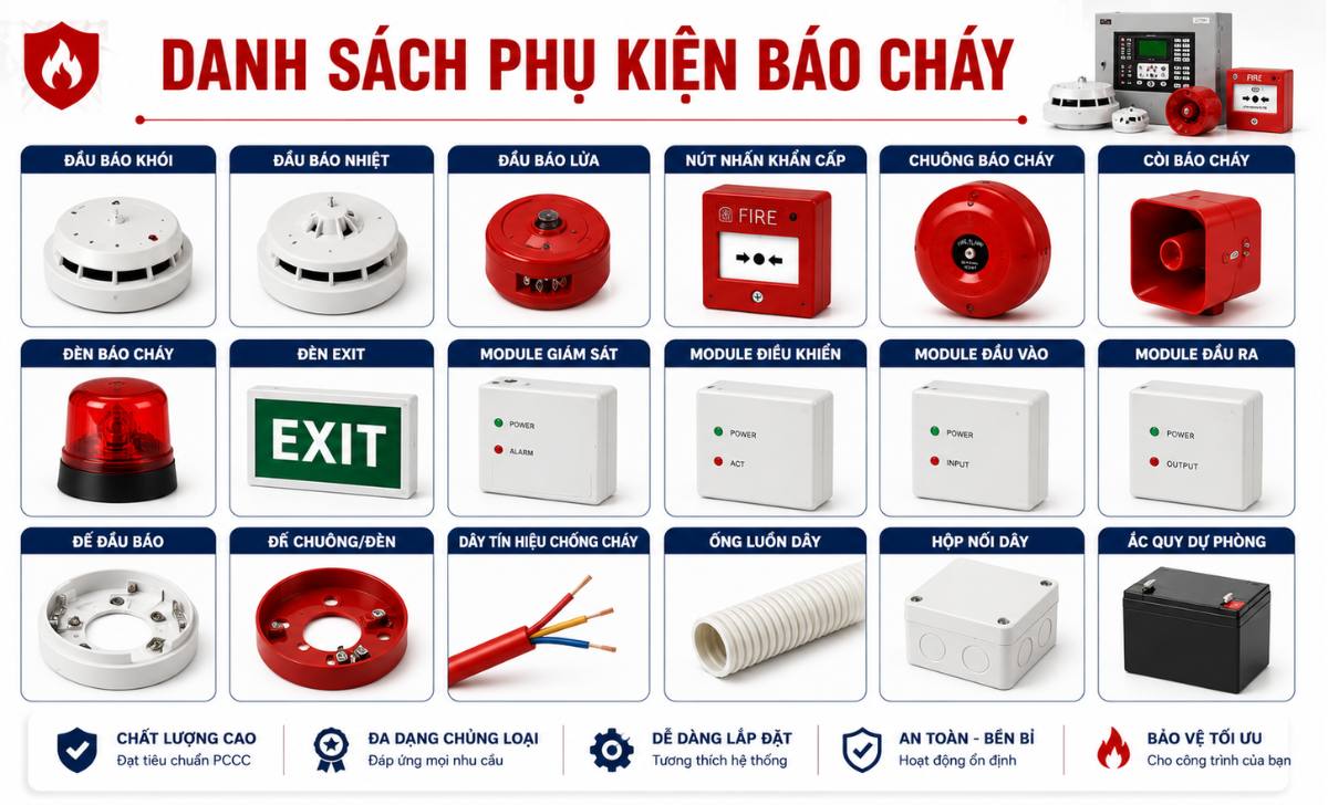 Danh sách phụ kiện báo cháy phổ biến hiện nay