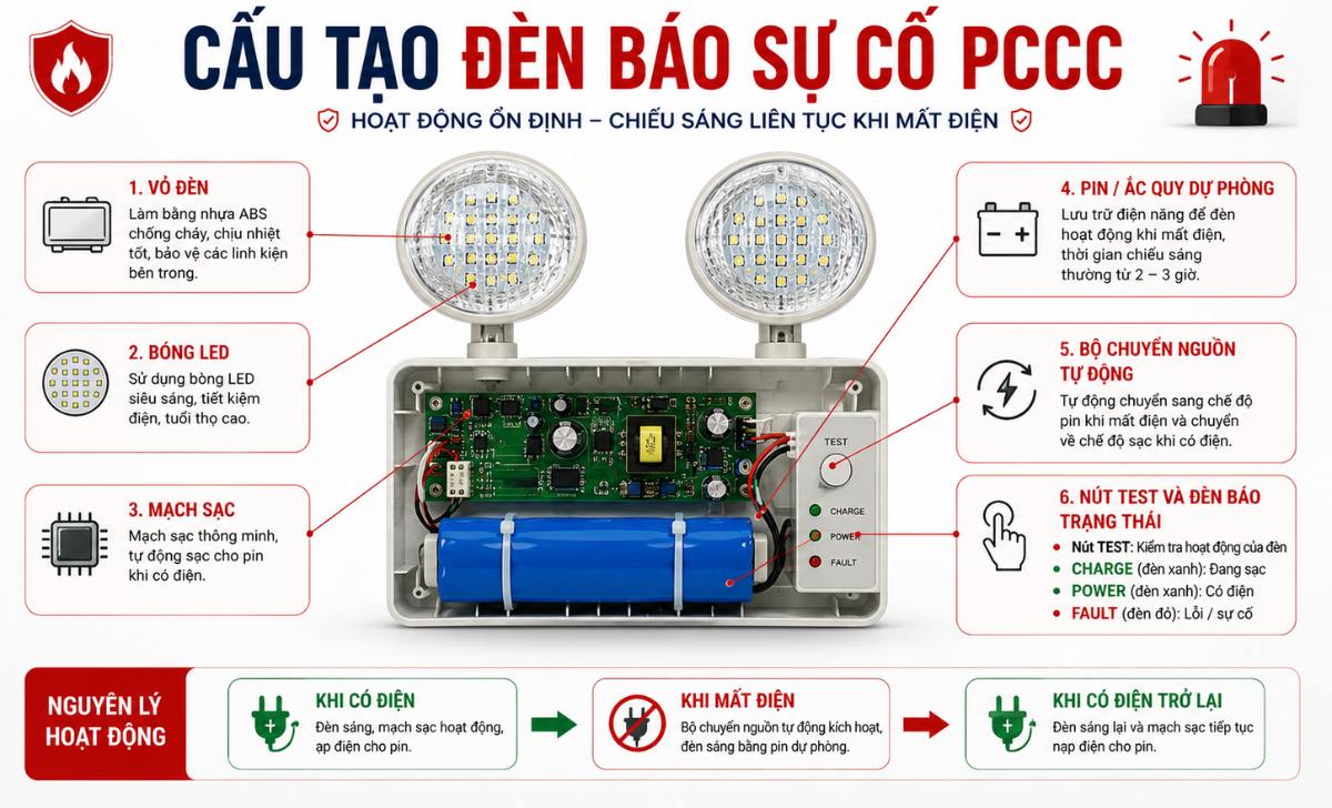 Đèn báo sự cố PCCC có cấu tạo như thế nào?
