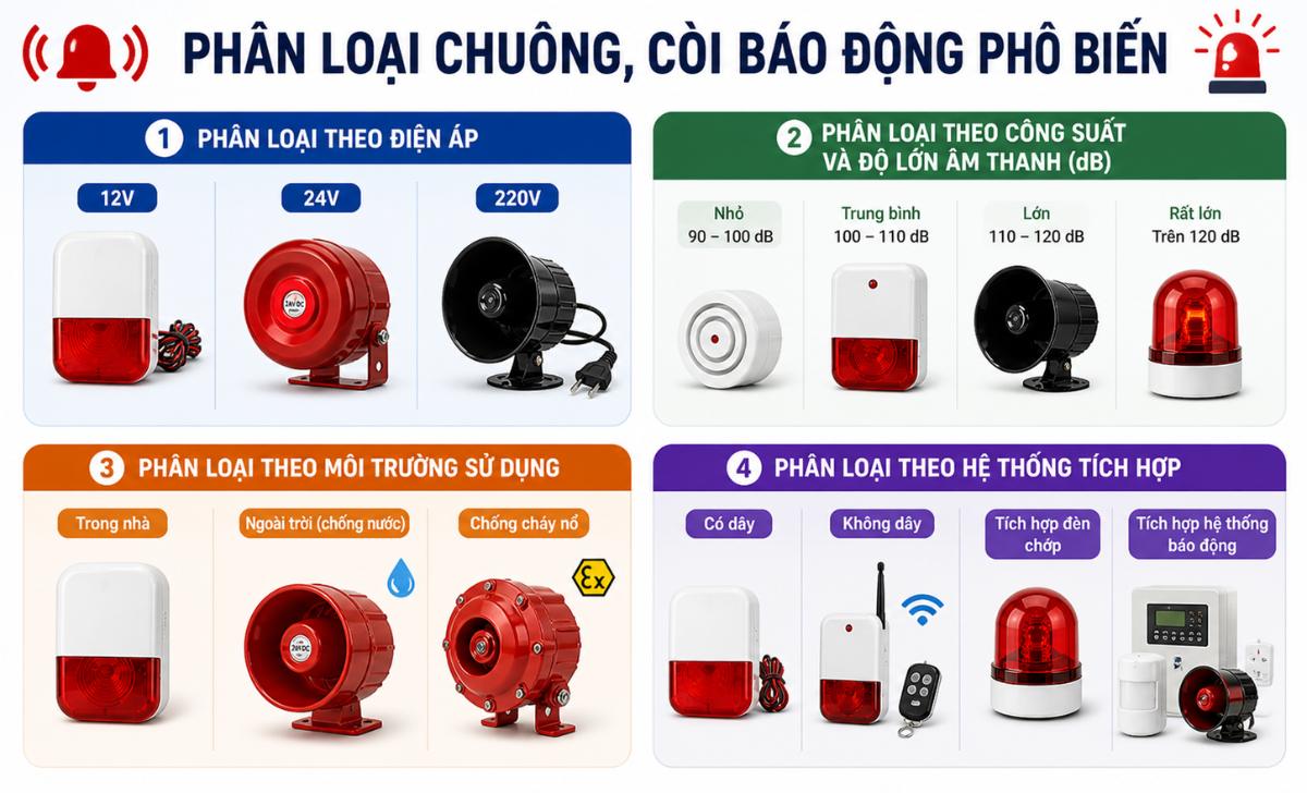 Phân loại chuông, còi báo động phổ biến hiện nay