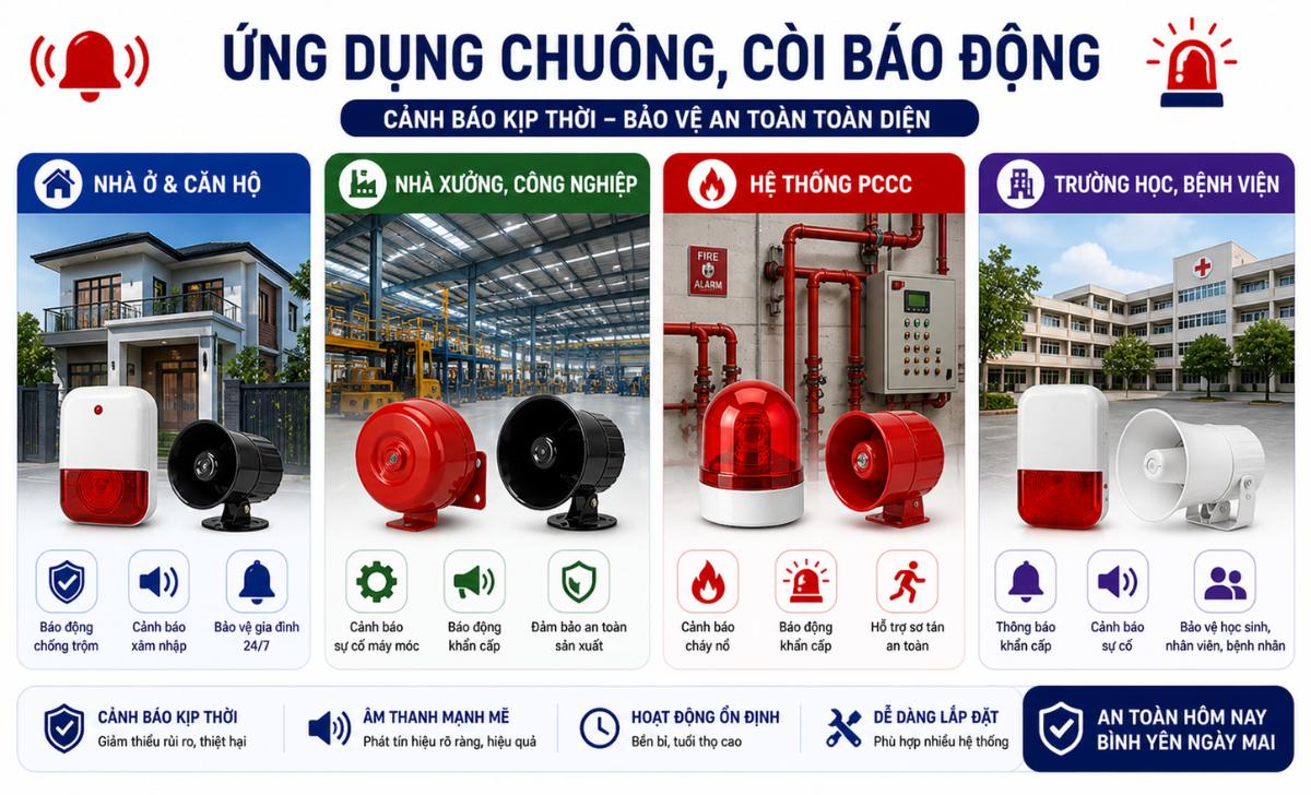 Ứng dụng chuông, còi báo động trong thực tế