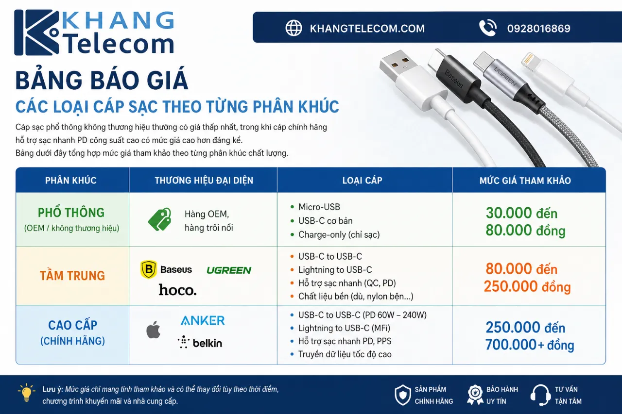 Bảng báo giá các loại cáp sạc theo từng phân khúc