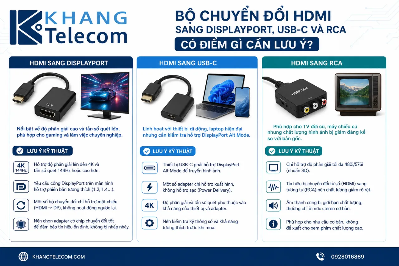 Bộ chuyển đổi HDMI sang DisplayPort, USB-C và RCA có điểm gì cần lưu ý?