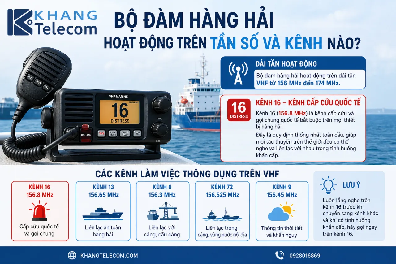 Bộ đàm hàng hải hoạt động trên tần số và kênh nào?