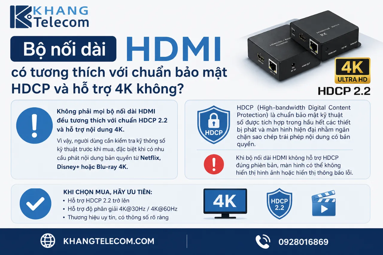 Bộ nối dài### Bộ nối dài HDMI có tương thích với chuẩn bảo mật HDCP và hỗ trợ 4K không?