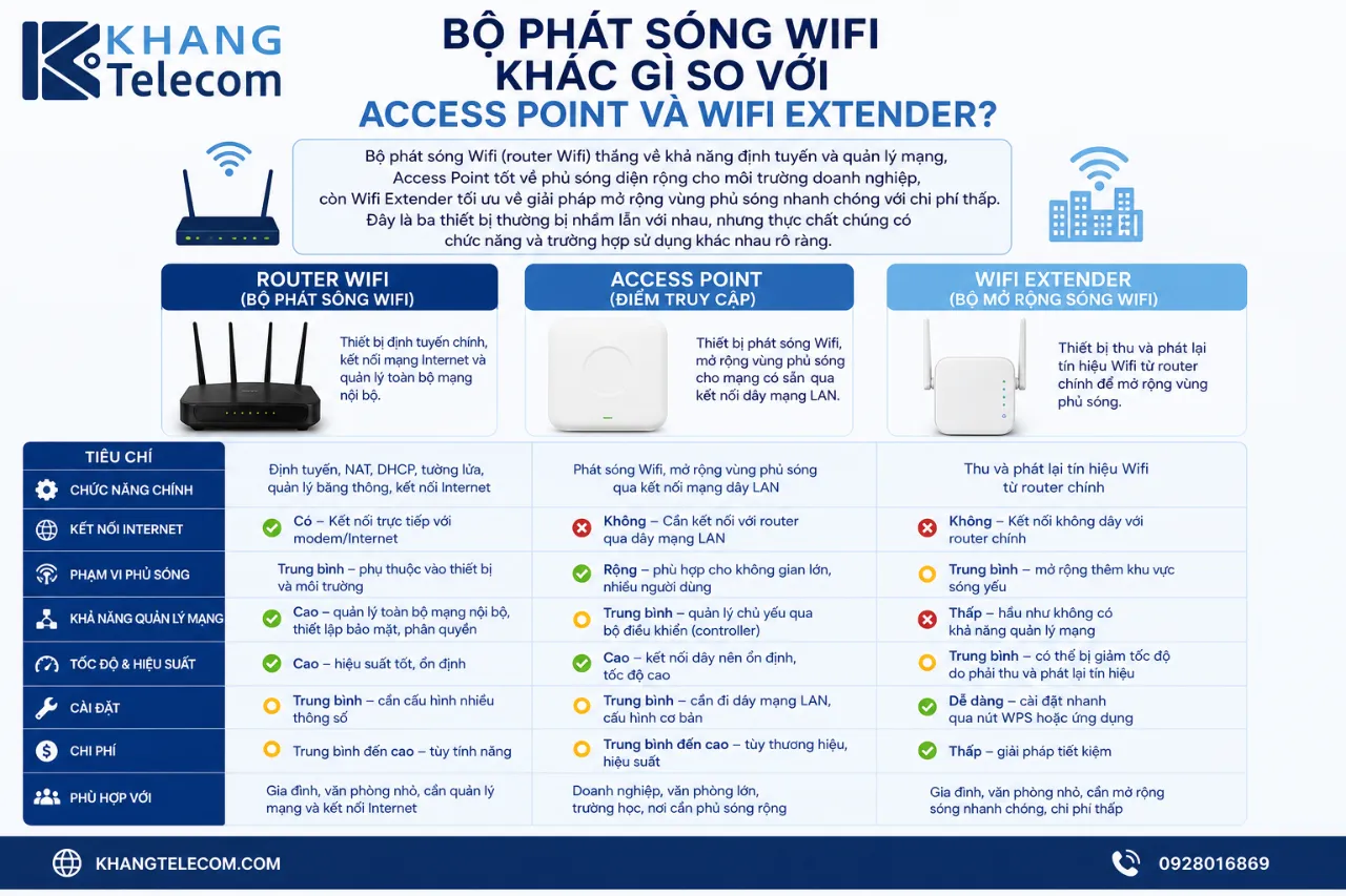 Bộ phát sóng Wifi khác gì so với Access Point và Wifi Extender?