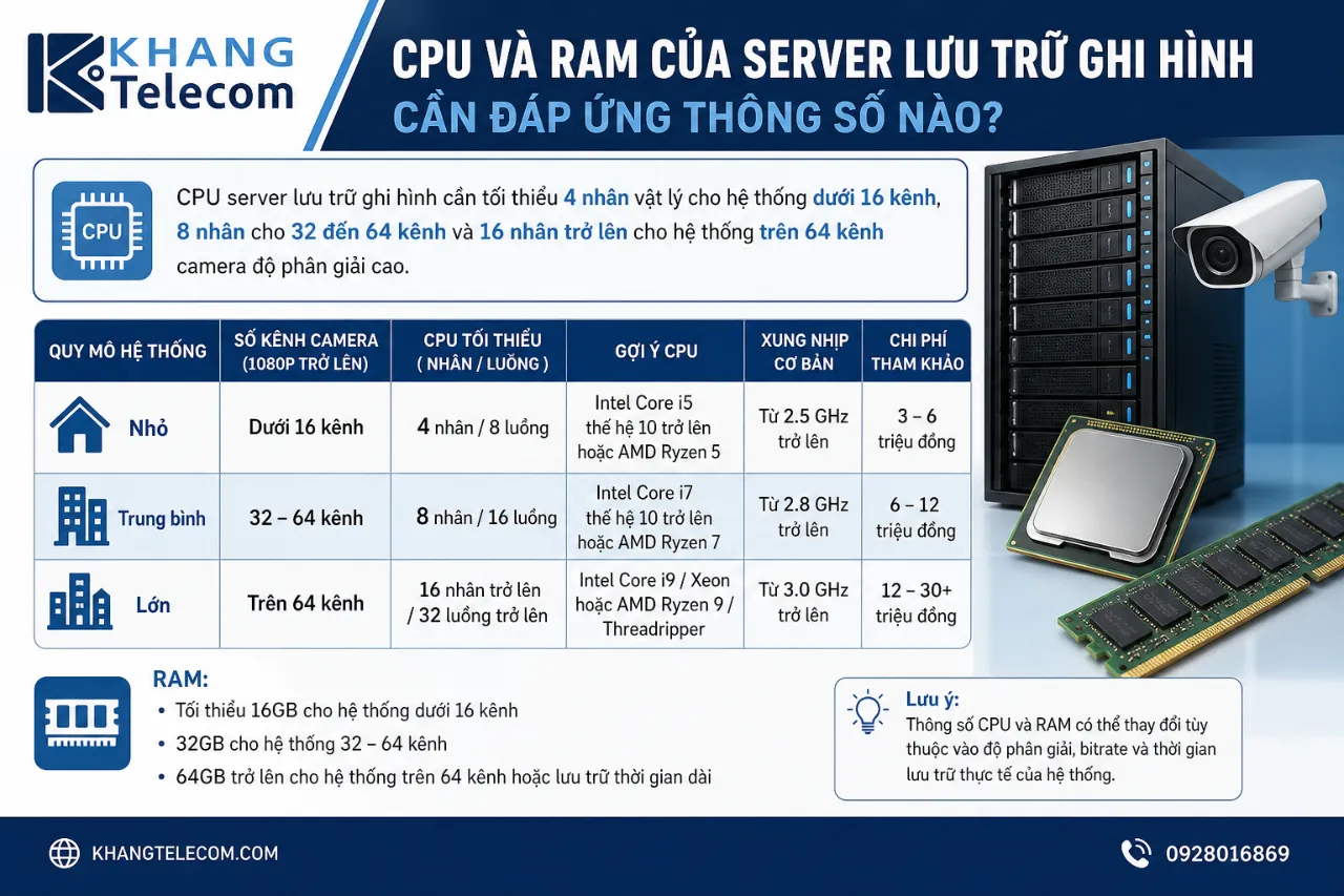CPU và RAM của server lưu trữ ghi hình cần đáp ứng thông số nào?