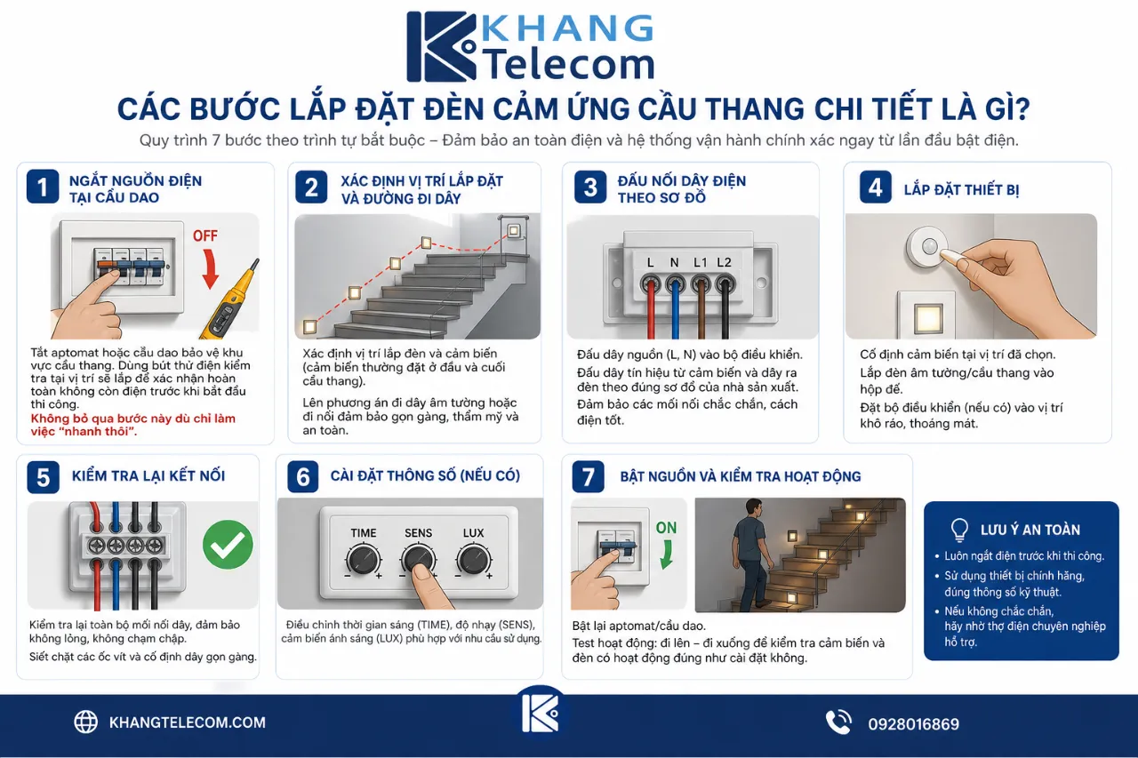 Các bước lắp đặt đèn cảm ứng cầu thang chi tiết là gì?