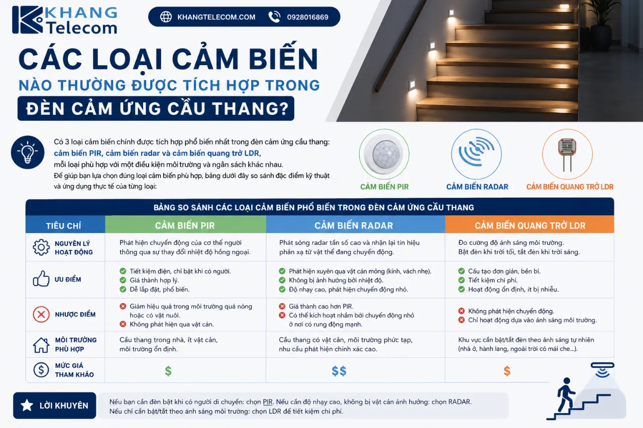 Các loại cảm biến nào thường được tích hợp trong đèn cảm ứng cầu thang?