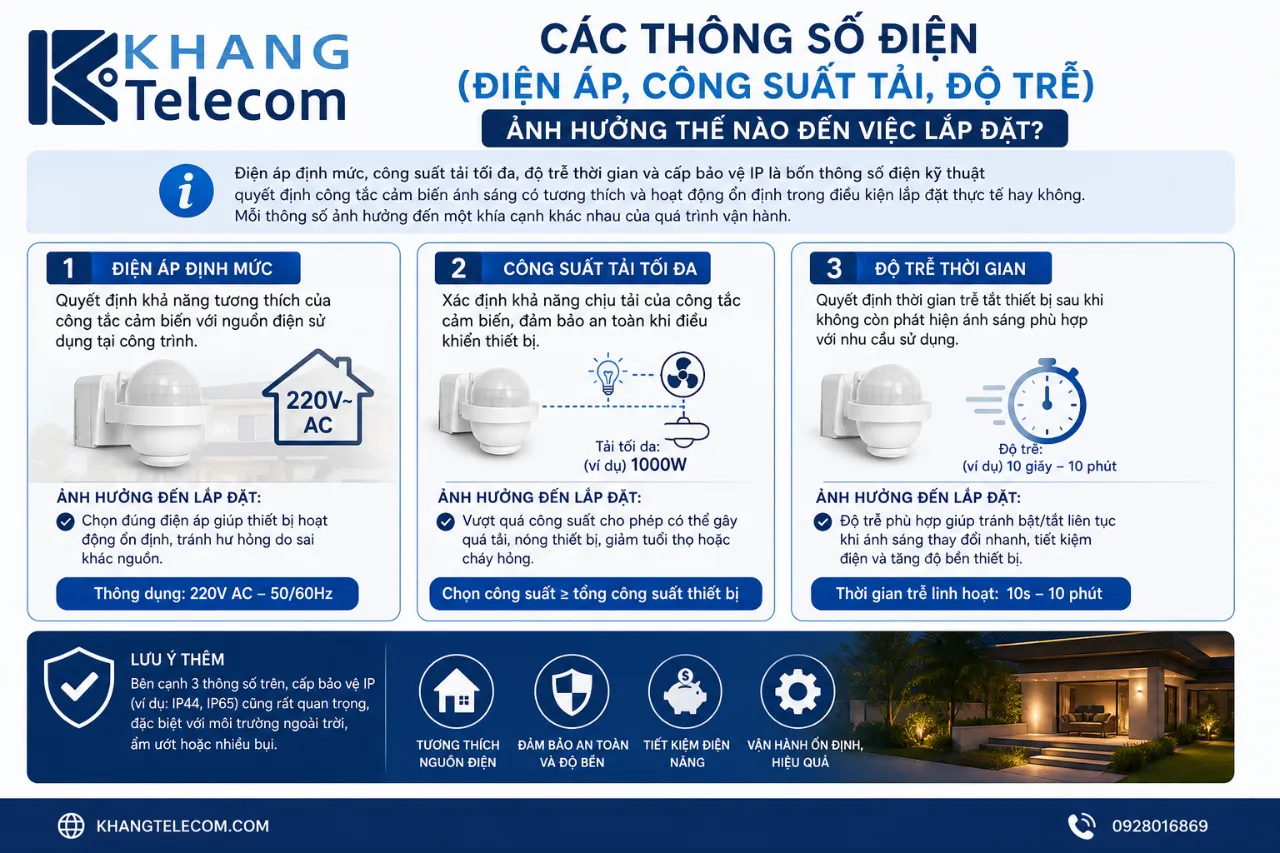 Các thông số điện (điện áp, công suất tải, độ trễ) ảnh hưởng thế nào đến việc lắp đặt?