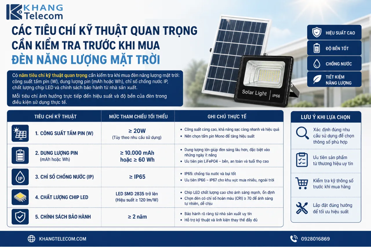 Các tiêu chí kỹ thuật quan trọng cần kiểm tra trước khi mua đèn năng lượng mặt trời