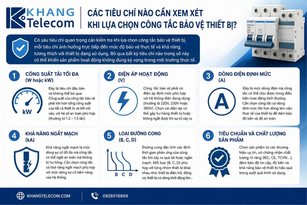 Các tiêu chí nào cần xem xét khi lựa chọn công tắc bảo vệ thiết bị?