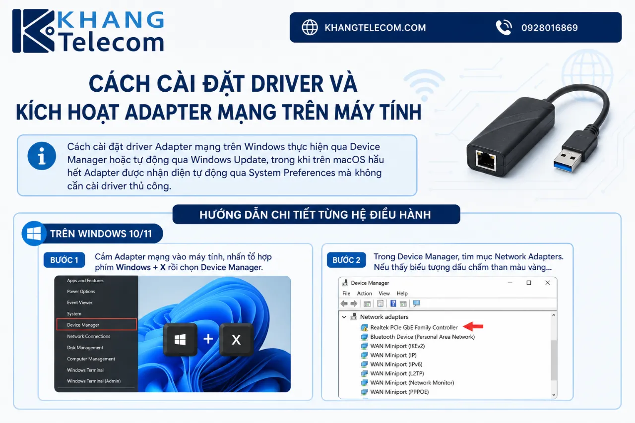 Cách cài đặt driver và kích hoạt Adapter mạng trên máy tính