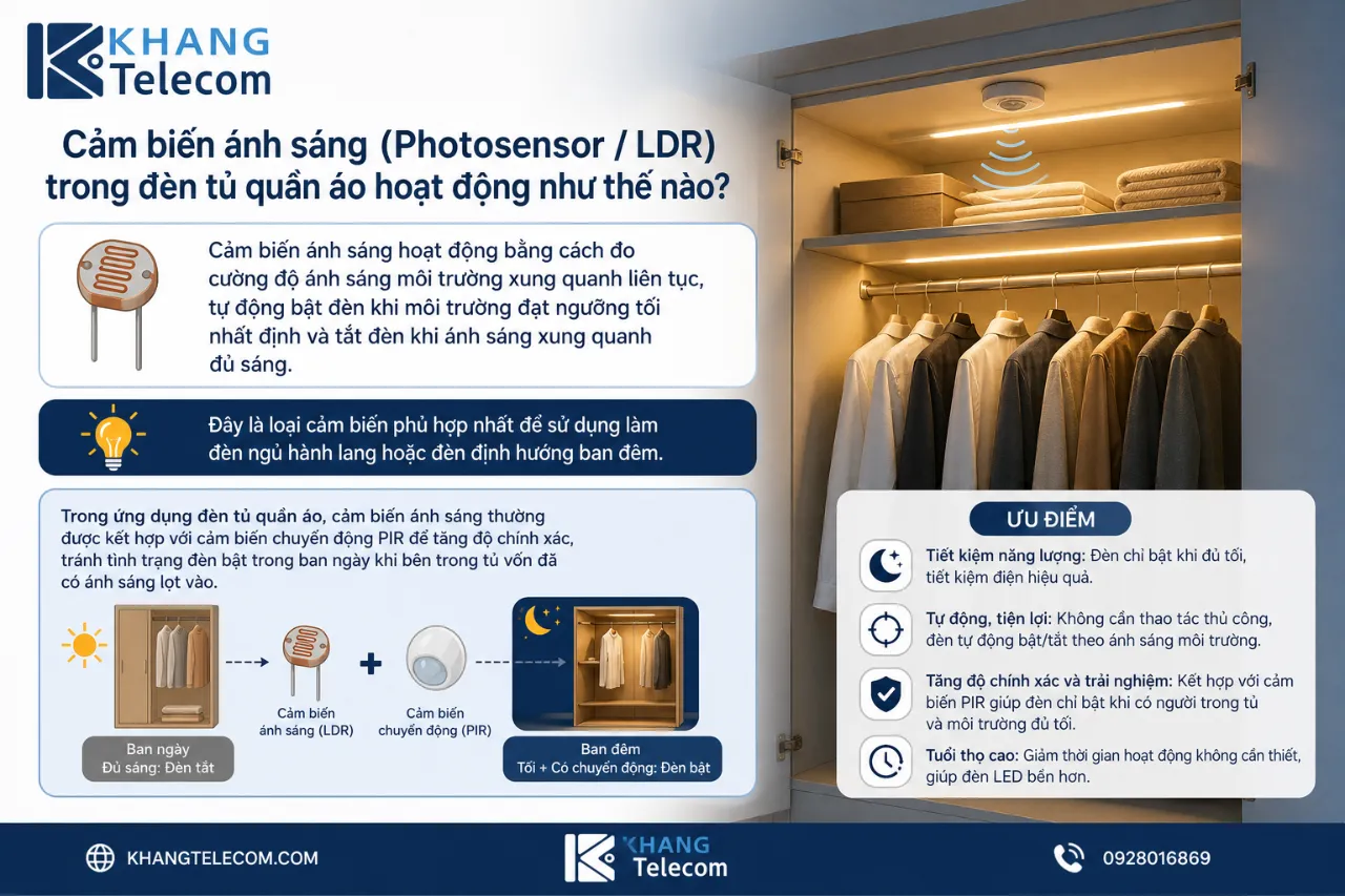 Cảm biến ánh sáng (Photosensor / LDR) trong đèn tủ quần áo hoạt động như thế nào?