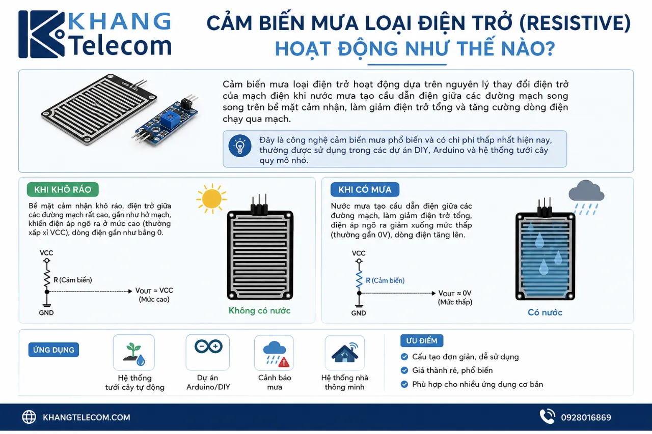 Cảm biến mưa loại điện trở (Resistive) hoạt động như thế nào?
