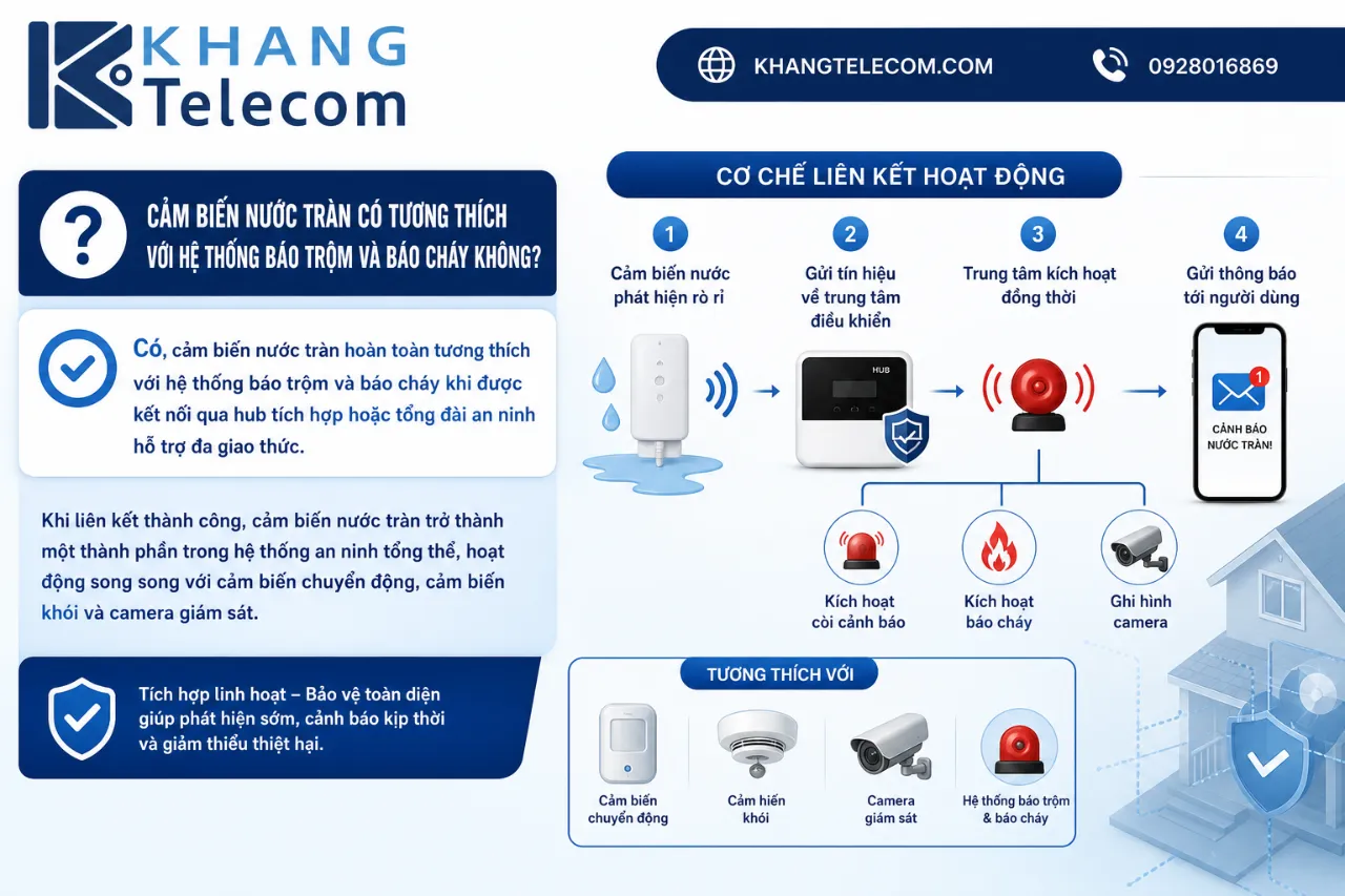 Cảm biến nước tràn có tương thích với hệ thống báo trộm và báo cháy không?