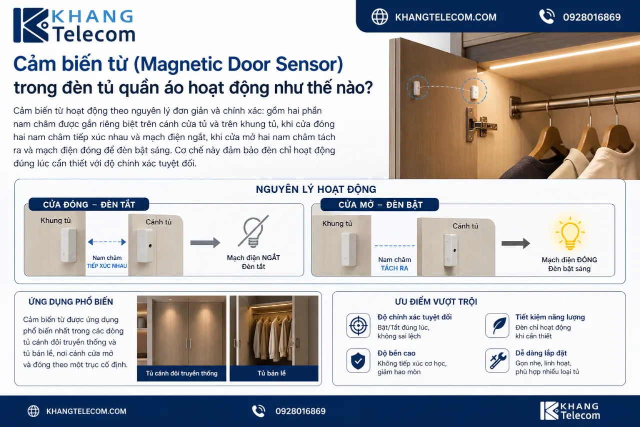 Cảm biến từ (Magnetic Door Sensor) trong đèn tủ quần áo hoạt động như thế nào?