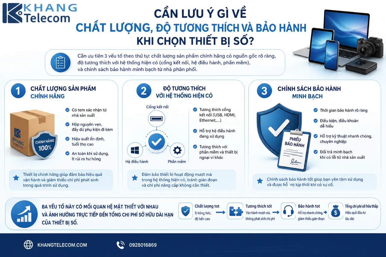 Cần lưu ý gì về chất lượng, độ tương thích và bảo hành khi chọn thiết bị số?
