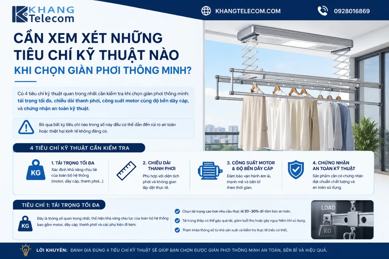 Cần xem xét những tiêu chí kỹ thuật nào khi chọn giàn phơi thông minh?