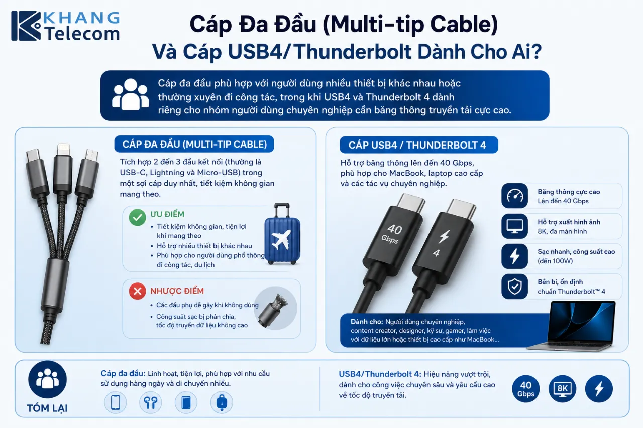 Cáp Đa Đầu (Multi-tip Cable) Và Cáp USB4/Thunderbolt Dành Cho Ai?
