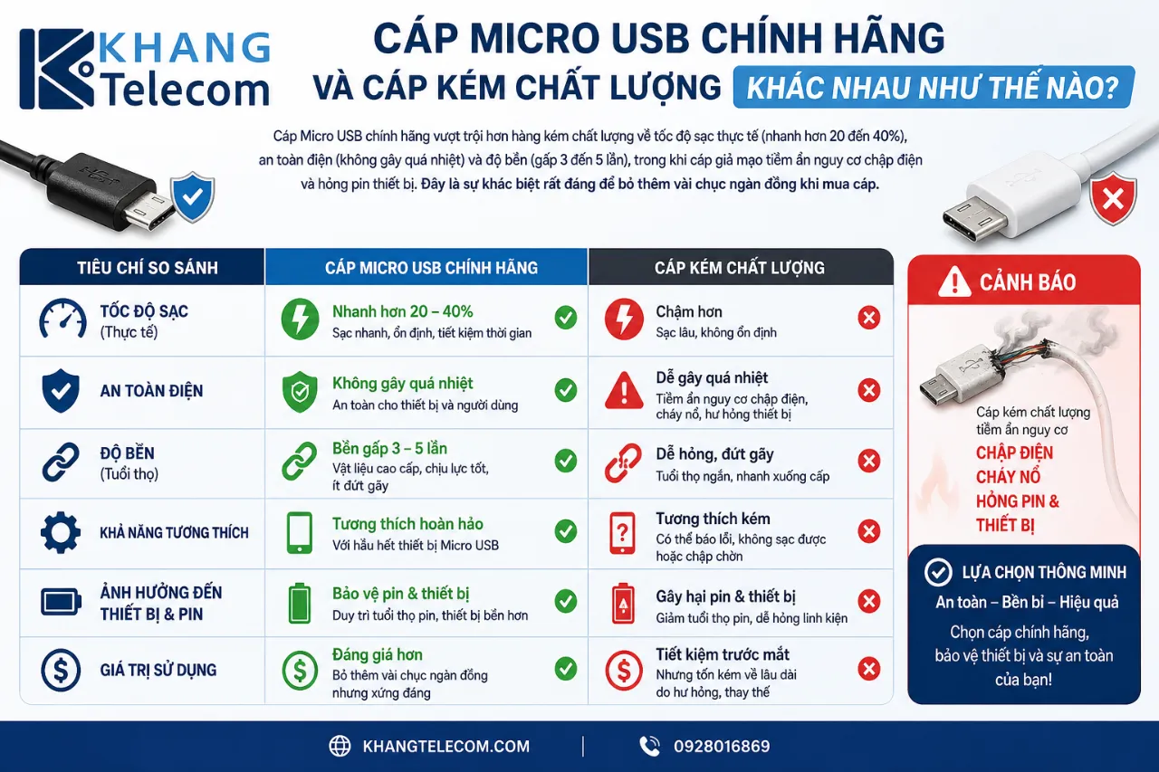 Cáp Micro USB chính hãng và cáp kém chất lượng khác nhau như thế nào?
