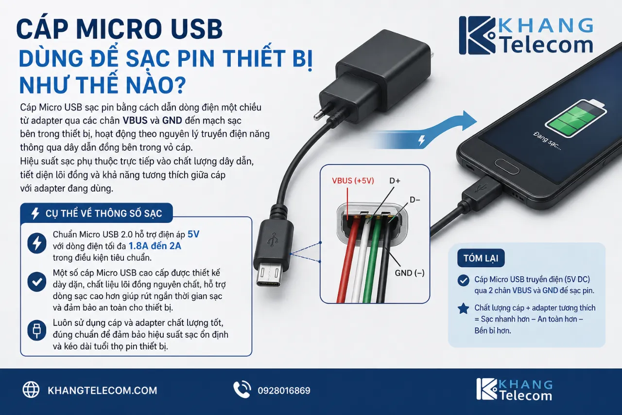 Cáp Micro USB dùng để sạc pin thiết bị như thế nào?