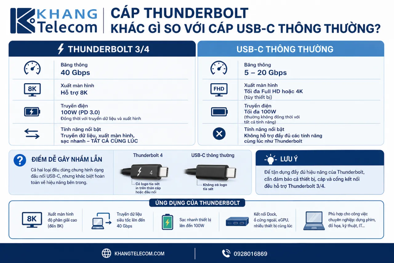 Cáp Thunderbolt khác gì so với cáp USB-C thông thường?