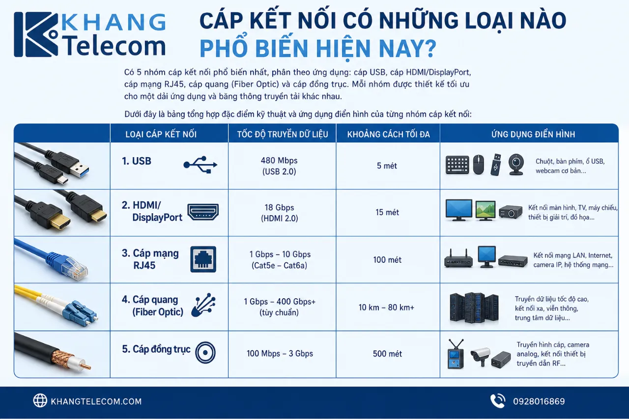 Cáp kết nối có những loại nào phổ biến hiện nay?