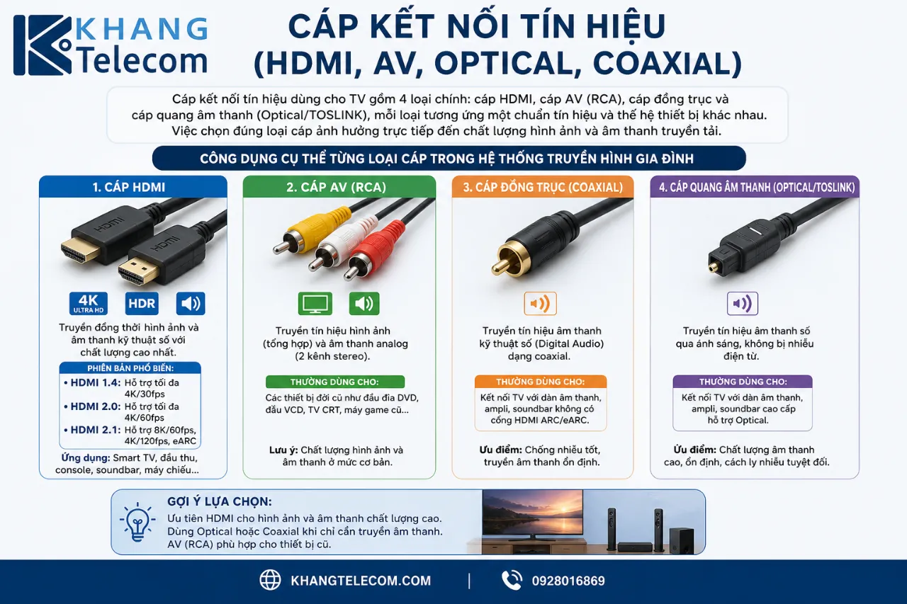 Cáp kết nối tín hiệu (HDMI, AV, Optical, Coaxial)