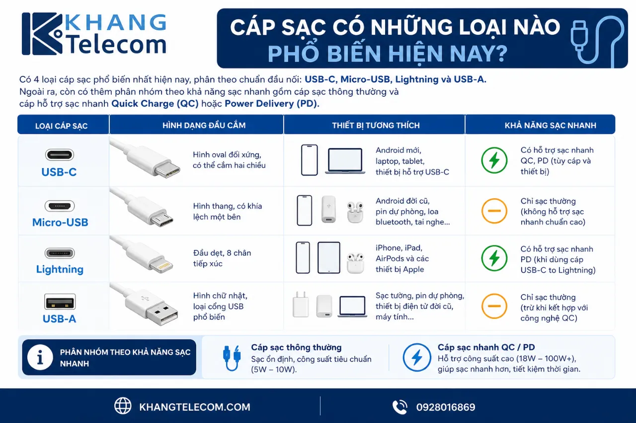 Cáp sạc có những loại nào phổ biến hiện nay?