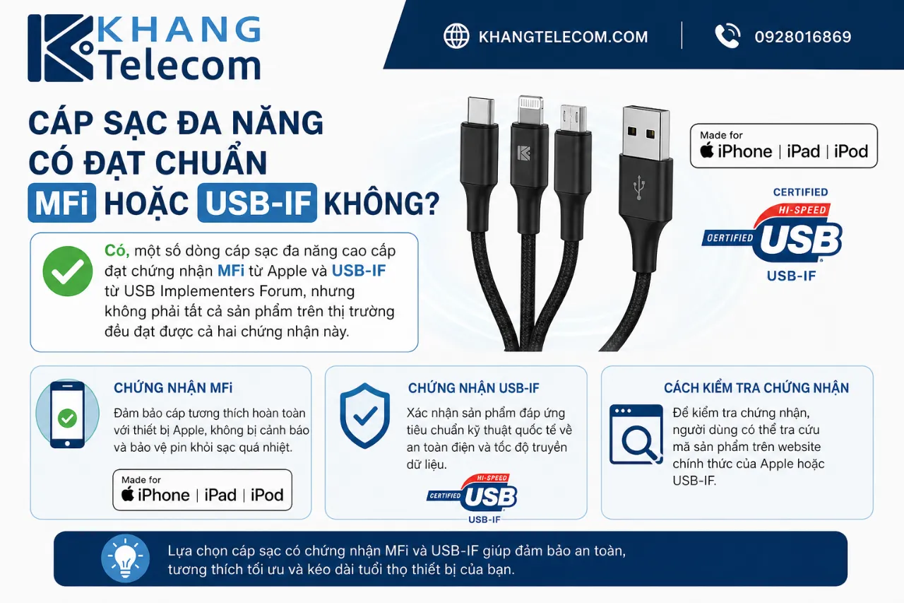 Cáp sạc đa năng có đạt chuẩn chứng nhận MFi hoặc USB-IF không?