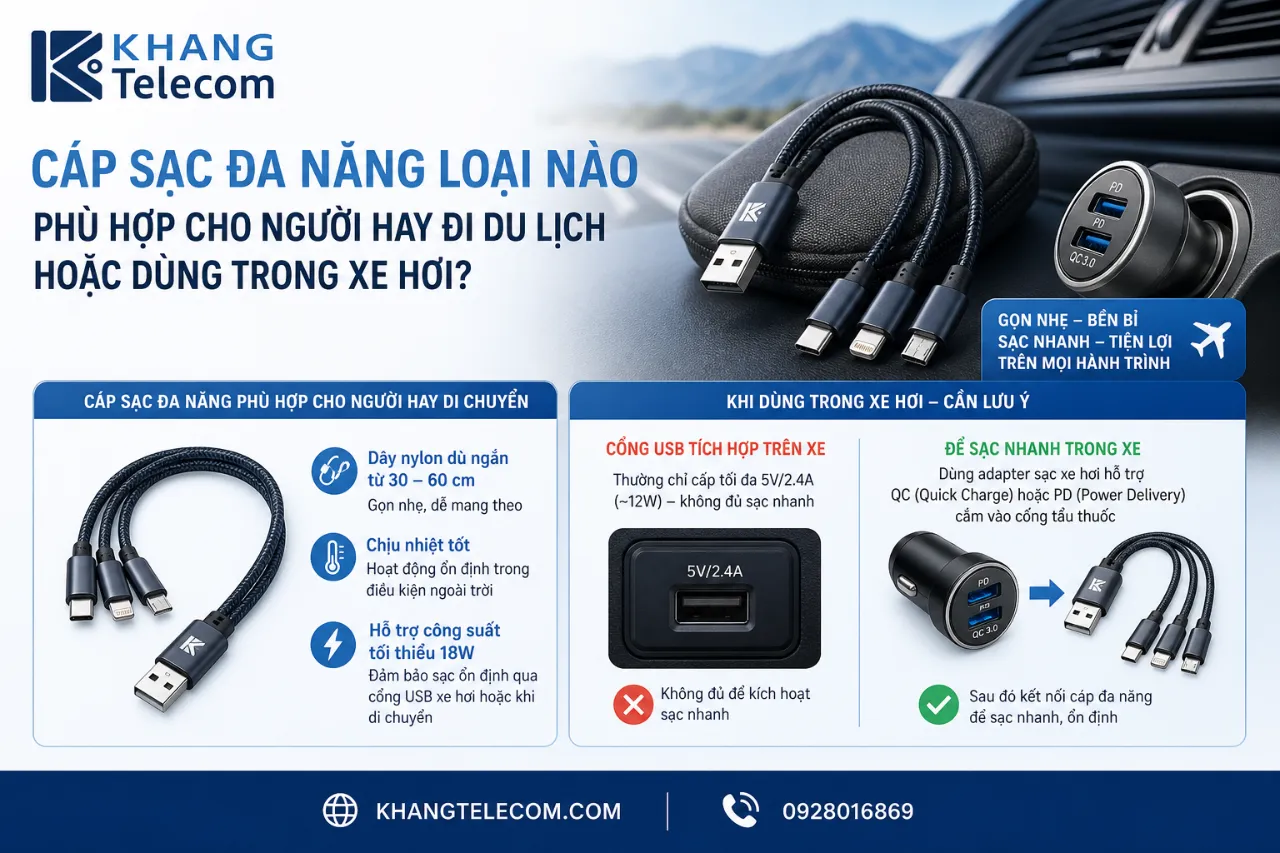 Cáp sạc đa năng loại nào phù hợp cho người hay đi du lịch hoặc dùng trong xe hơi?