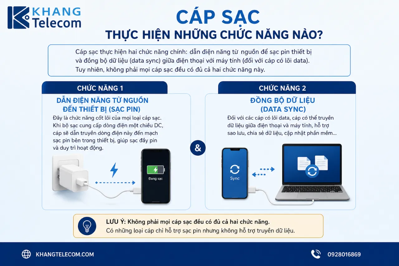 Cáp sạc thực hiện những chức năng nào?