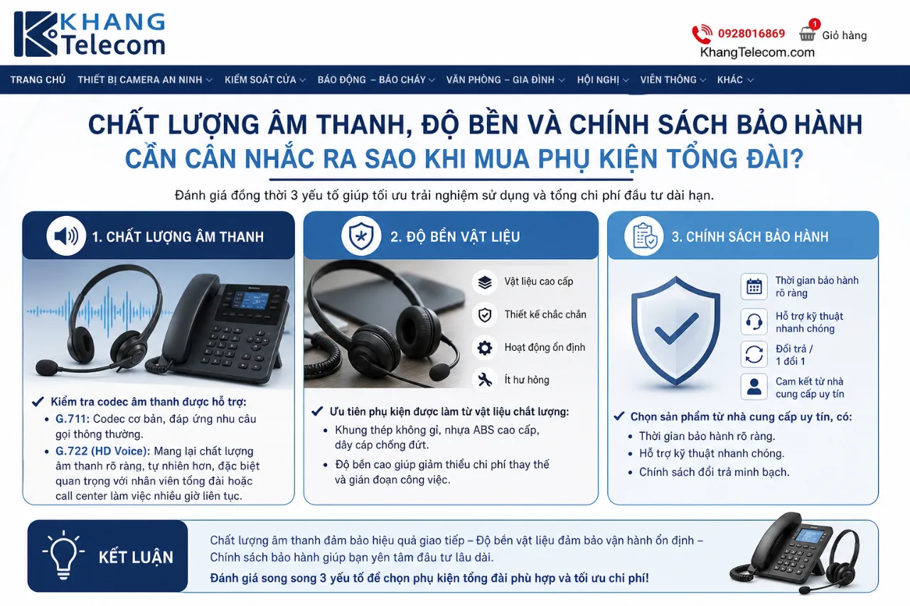 Chất lượng âm thanh, độ bền và chính sách bảo hành cần cân nhắc ra sao khi mua phụ kiện tổng đài?