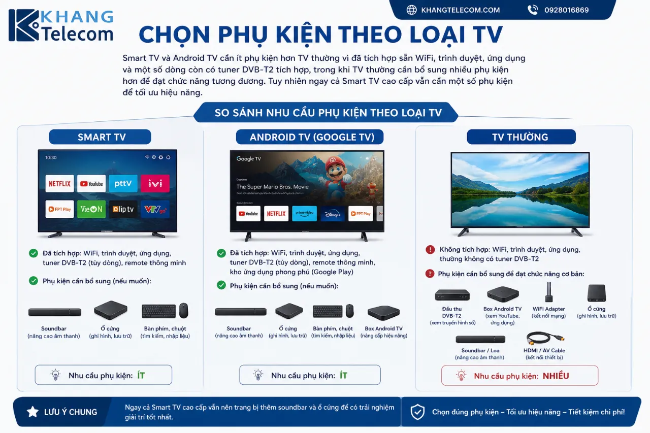Chọn phụ kiện theo loại TV (Smart TV, Android TV, TV thường)