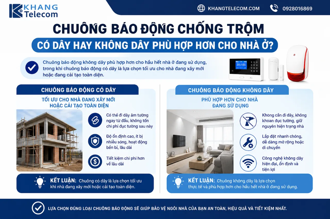 Chuông báo động chống trộm có dây hay không dây phù hợp hơn cho nhà ở?