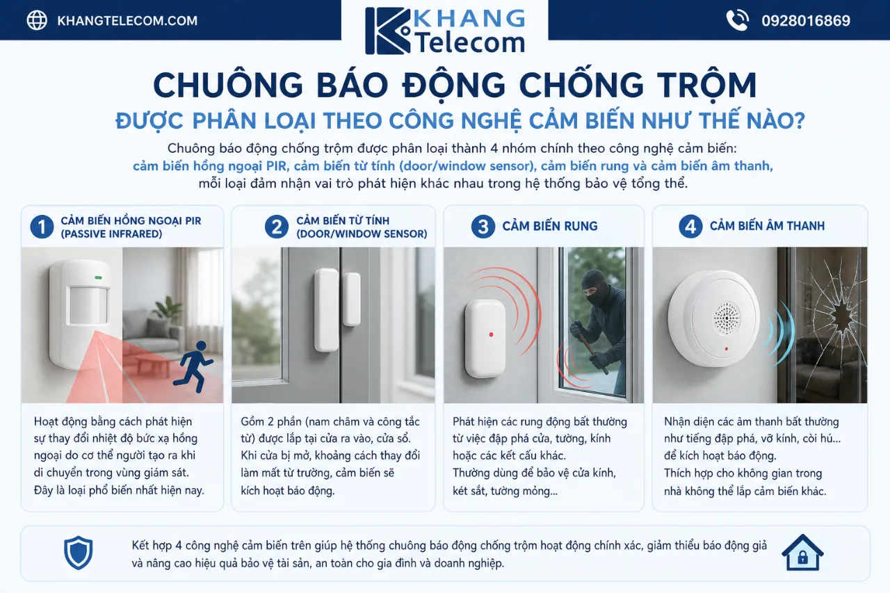 Chuông báo động chống trộm được phân loại theo công nghệ cảm biến như thế nào?