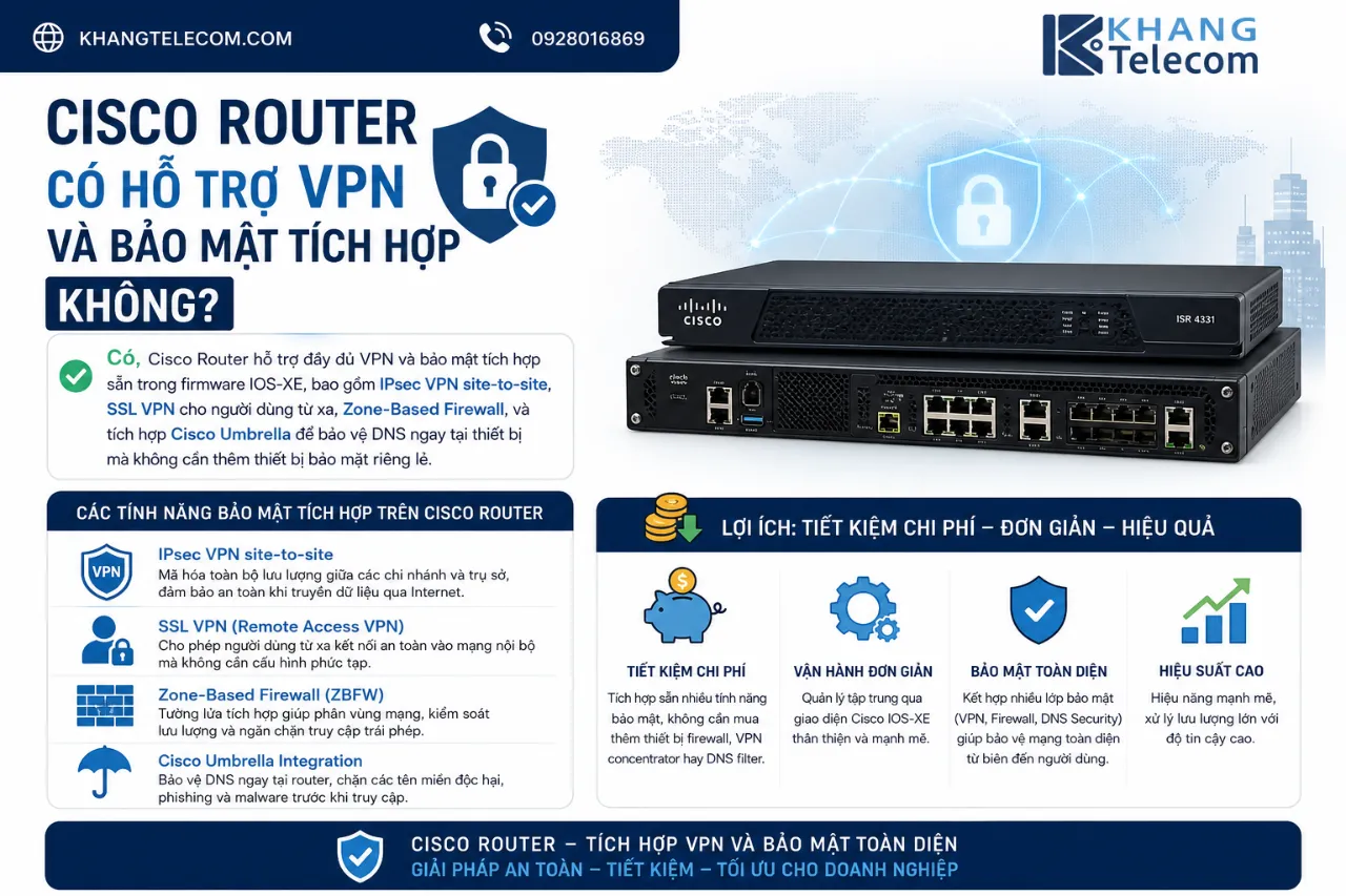 Cisco Router Có Hỗ Trợ VPN và Bảo Mật Tích Hợp Không?