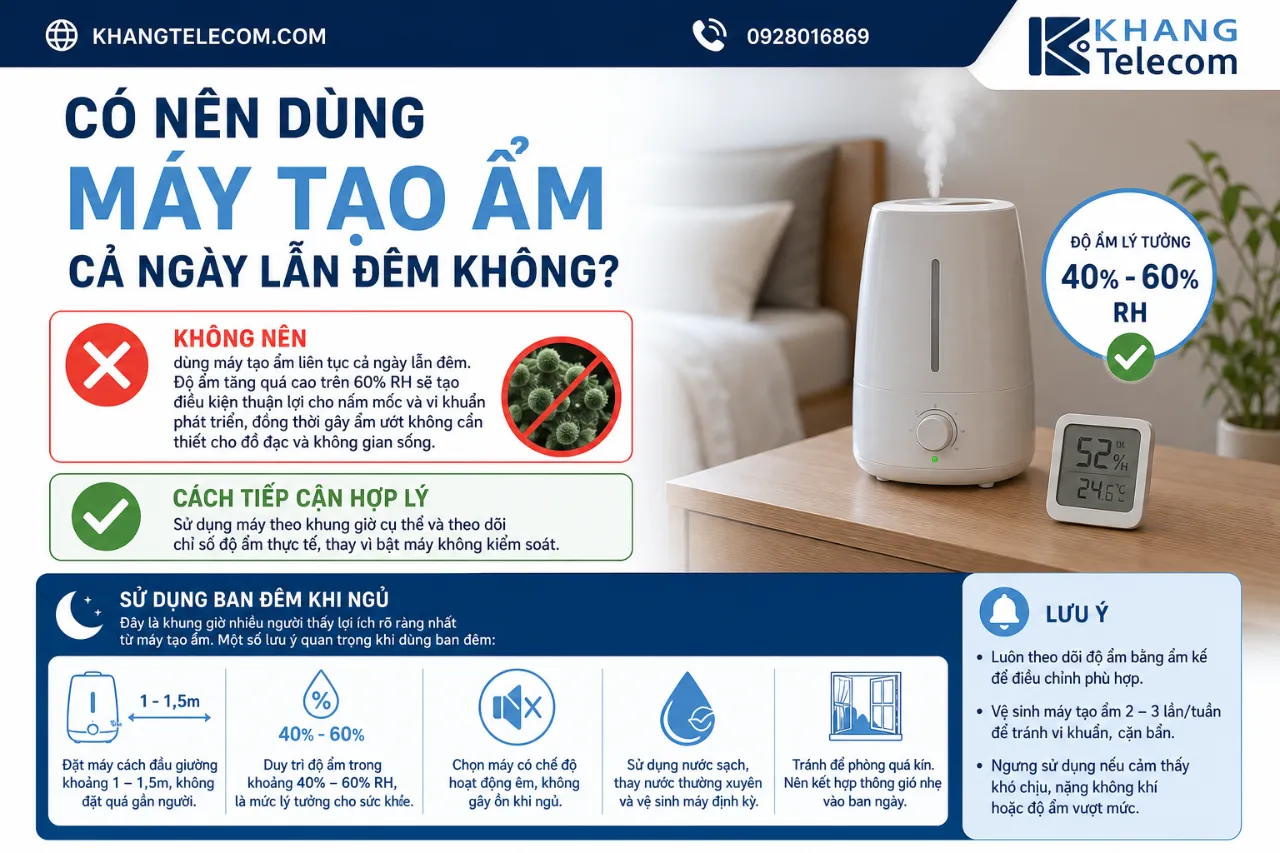 Có nên dùng máy tạo ẩm cả ngày lẫn đêm không?