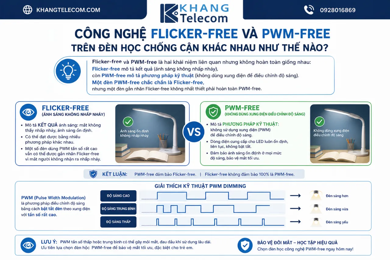 Công Nghệ Flicker-Free Và PWM-Free Trên Đèn Học Chống Cận Khác Nhau Như Thế Nào?