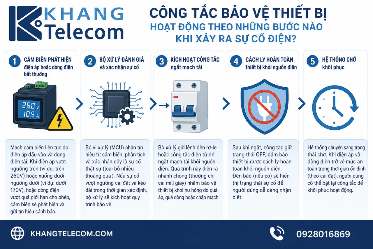 Công tắc bảo vệ thiết bị hoạt động theo những bước nào khi xảy ra sự cố điện?