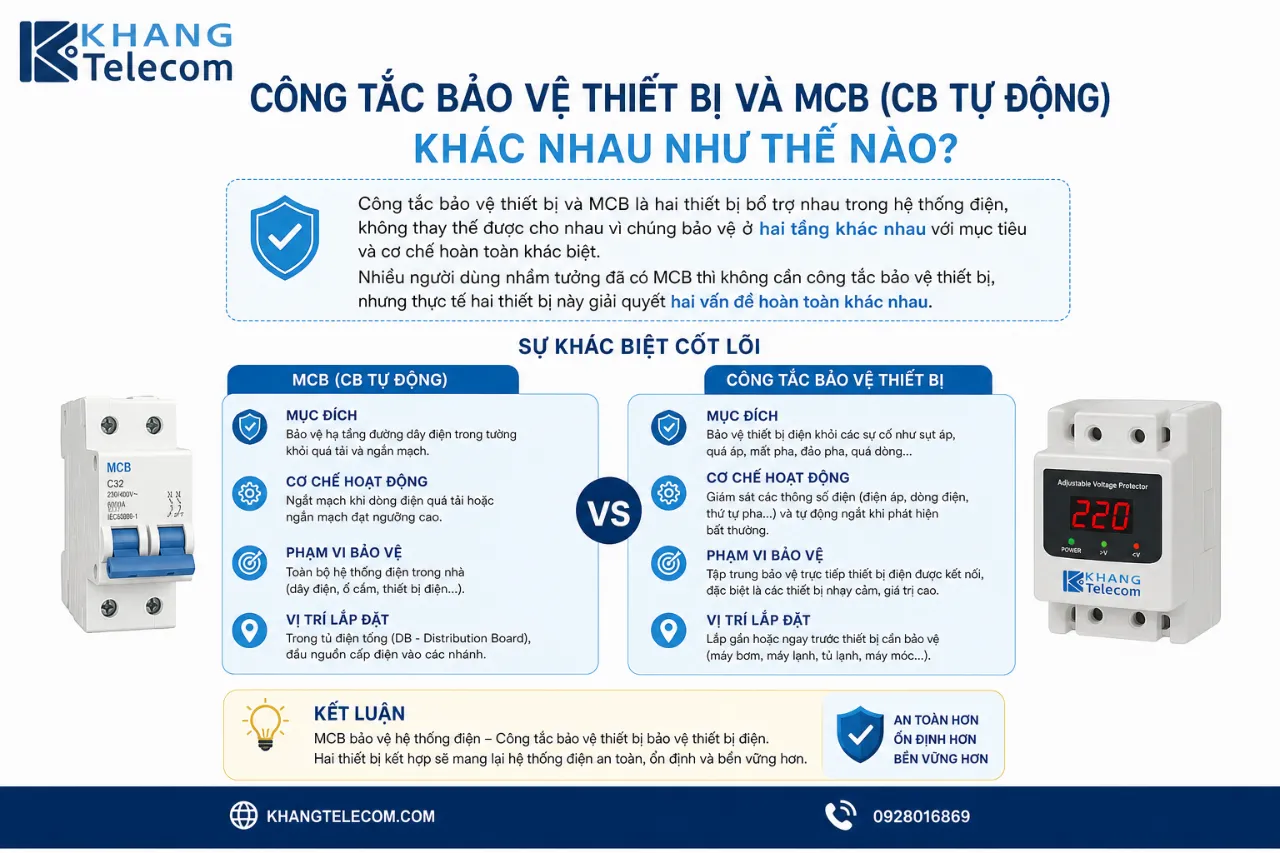 Công tắc bảo vệ thiết bị và MCB (CB tự động) khác nhau như thế nào?