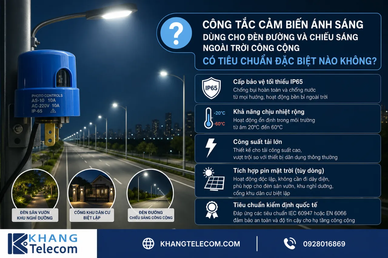 Công tắc cảm biến ánh sáng dùng cho đèn đường và chiếu sáng ngoài trời công cộng có tiêu chuẩn đặc biệt nào không?