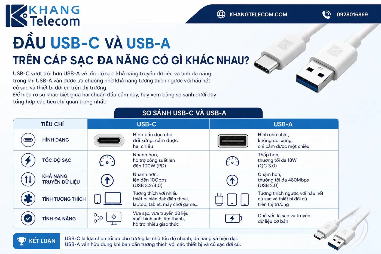 Đầu USB-C và USB-A trên cáp sạc đa năng có gì khác nhau?