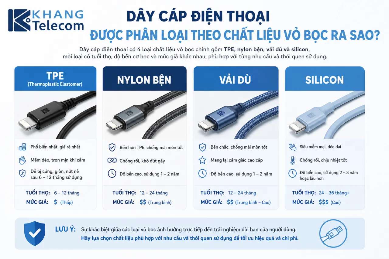 Dây Cáp Điện Thoại Được Phân Loại Theo Chất Liệu Vỏ Bọc Ra Sao?