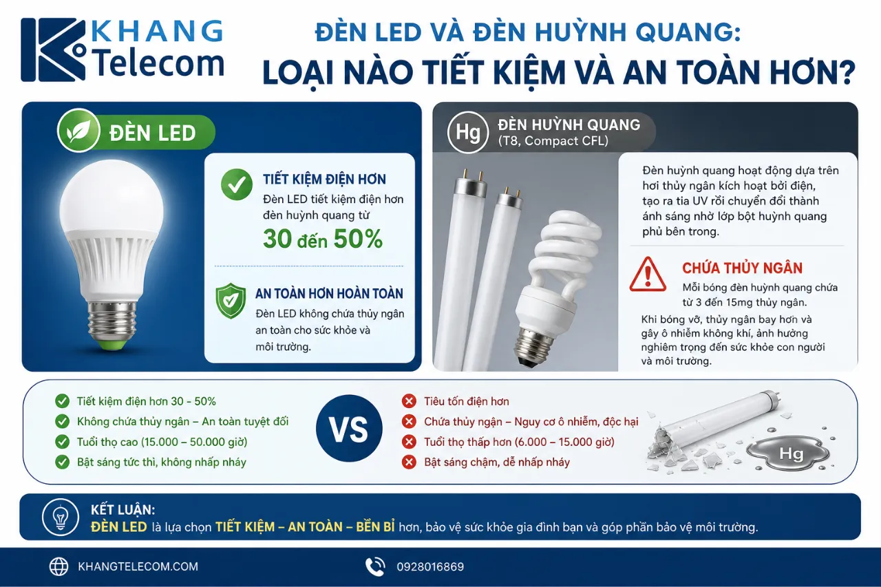 Đèn LED và đèn huỳnh quang: Loại nào tiết kiệm và an toàn hơn?