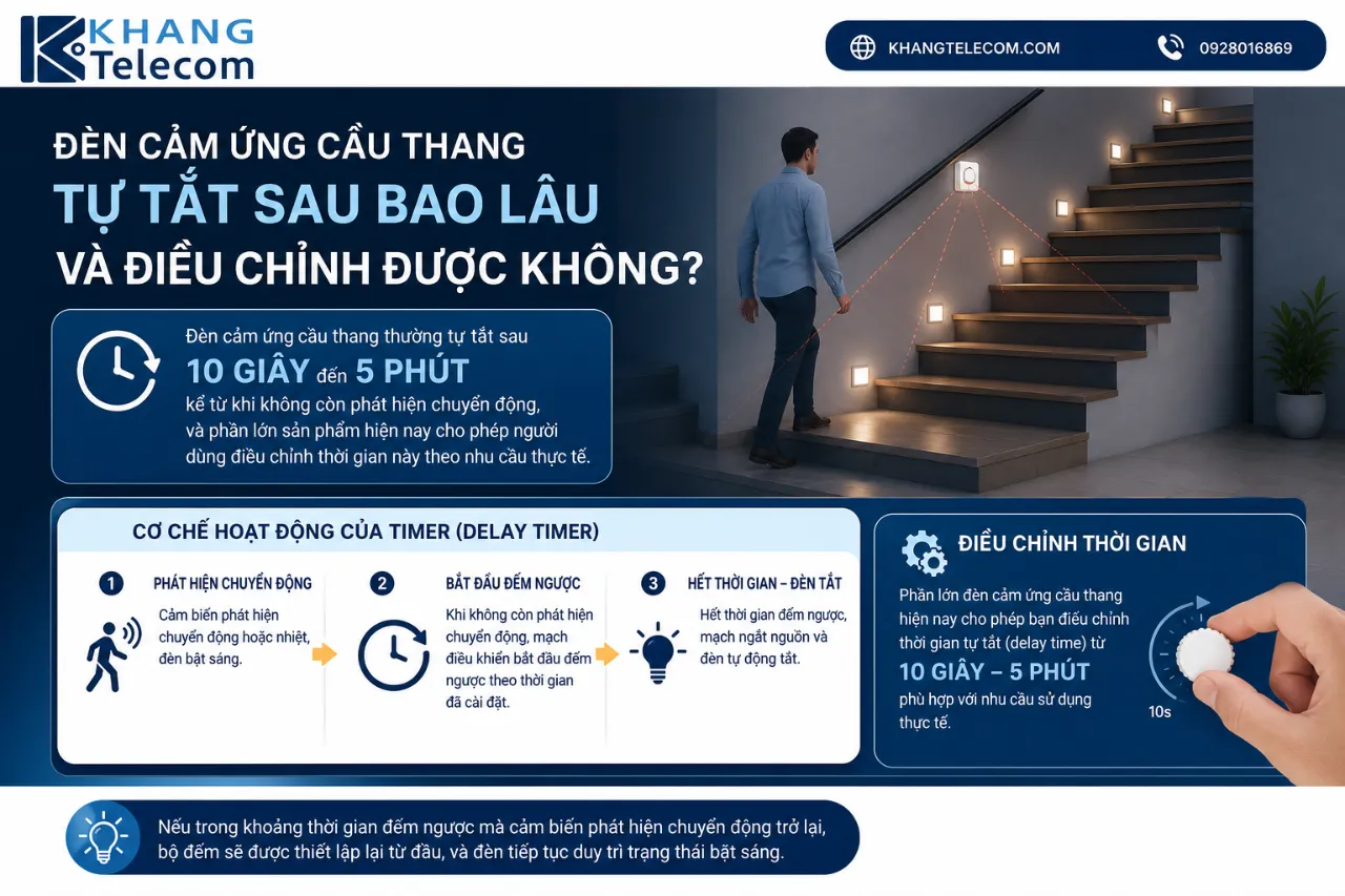 Đèn cảm ứng cầu thang tự tắt sau bao lâu và điều chỉnh được không?