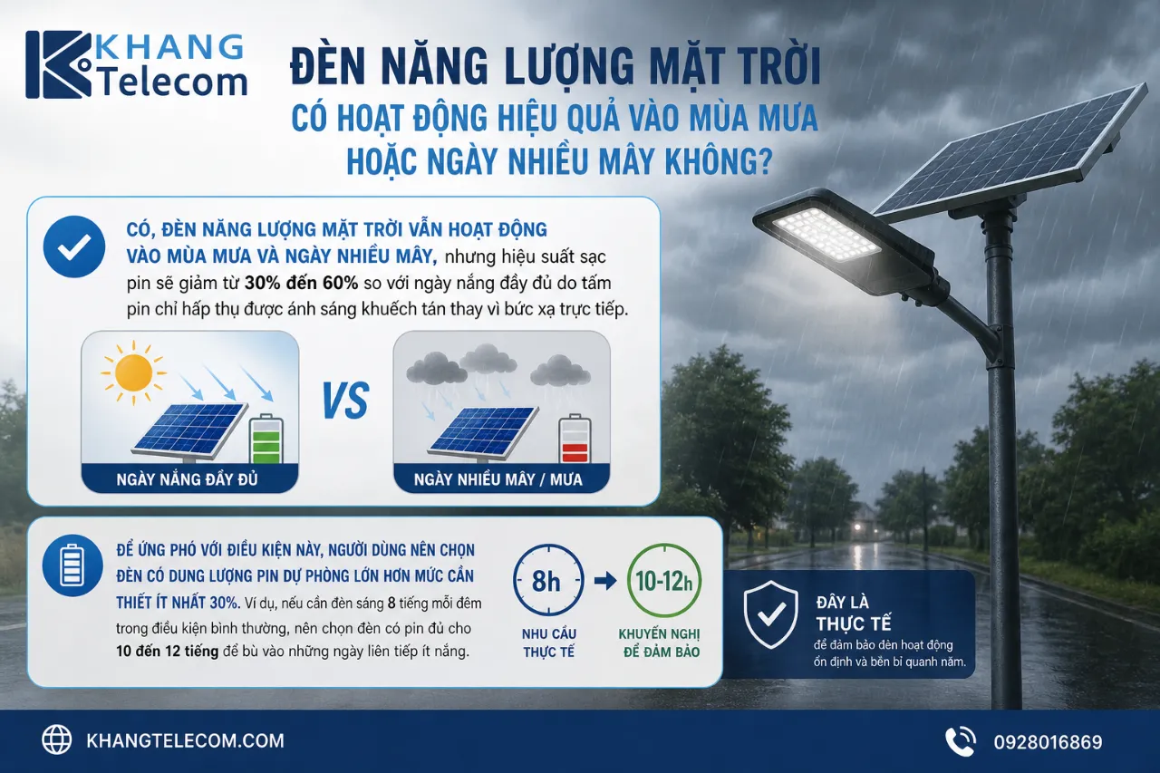 Đèn năng lượng mặt trời có hoạt động hiệu quả vào mùa mưa hoặc ngày nhiều mây không?