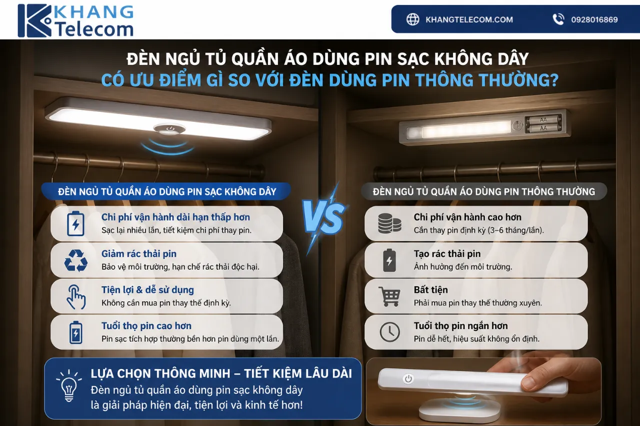 Đèn ngủ tủ quần áo dùng pin sạc không dây có ưu điểm gì so với đèn dùng pin thông thường?